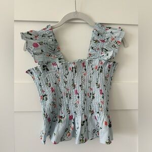 Hill House Floral Ruffle Blouse - Light Blue and Pink